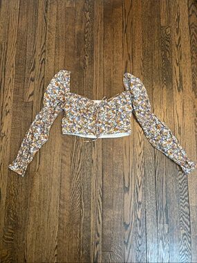 Bardot Large - Floral Puff-Sleeve Cropped Top - Mustard Multi